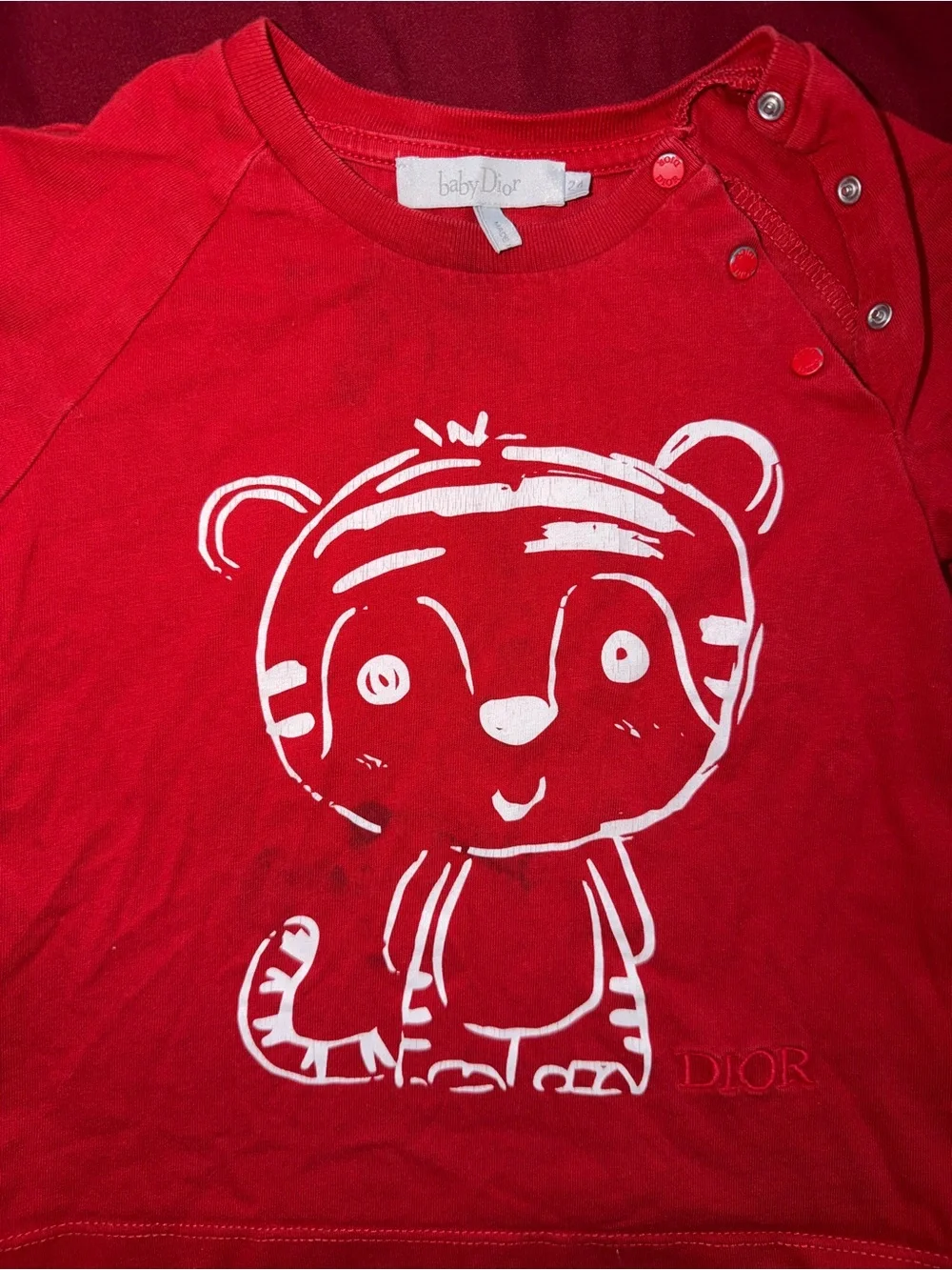 Baby Dior Red Long Sleeve Tee with White Tiger Graphic